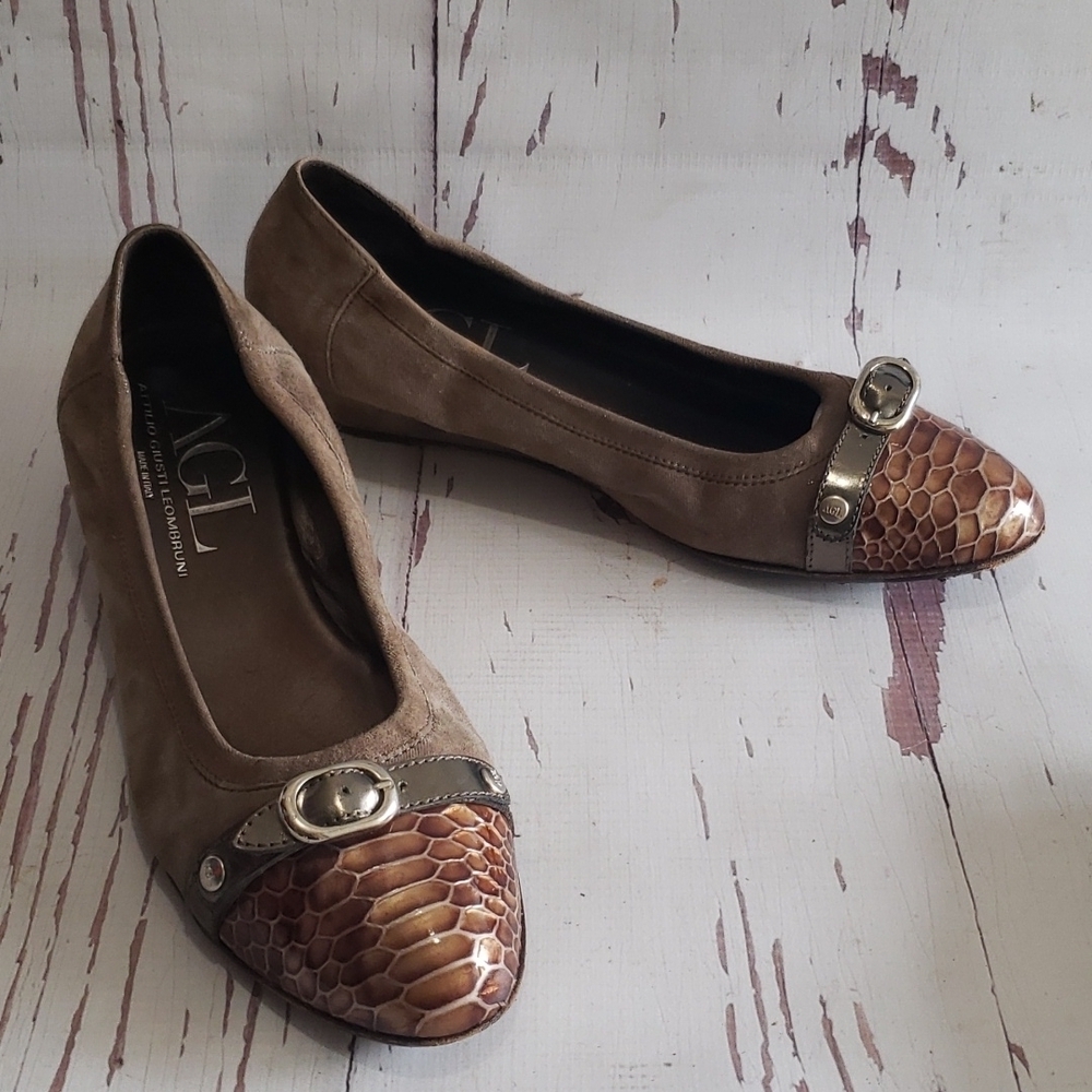 Agl 41 (11) brown/gray toe cap animal print low heel wedges